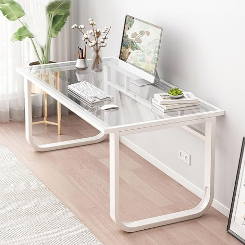 Bureau d'ordinateur moderne en verre – Bureau d'étude élégant pour les petits espaces – Pieds en métal robustes – Table de travail idéale pour PC de bureau à (Size:100x60x72cm(39x24x28in),Color:Blanc)