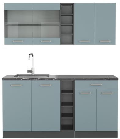 Vicco Singleküche R-Line, Blau-Grau/Anthrazit, 160 cm ohne Arbeitsplatte