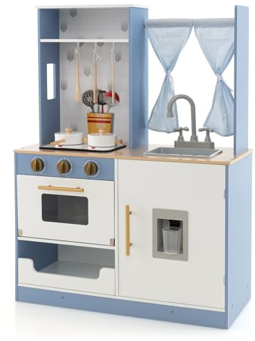 GOPLUS 95cm Kinderküche, Kinderspielküche aus Holz mit Wasserhahn, Wasserspender, Herd, Ofen & Niedliches Zubehör, Rollenspiel Set, Spielküche mit Stauraum & Vorhänge für Kinder ab 3 Jahre