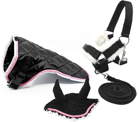 Zubehör-Set für Hobby, Horse und Pferd, schwarz, mit Führstrick + Decke + Mückenschutzmütze