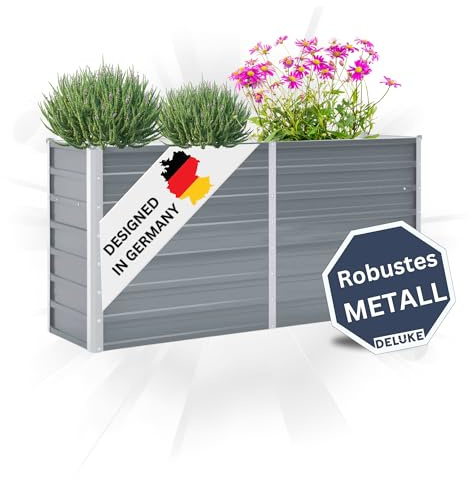 DELUKE Hochbeet für Garten Oskar Grau | 160x40x77cm | Verzinkter Stahl | Wetterfest | Gartenbeet Kräuterbeet Blumenbeet Beet hoch Frühbeet für Garten Gemüsebeet