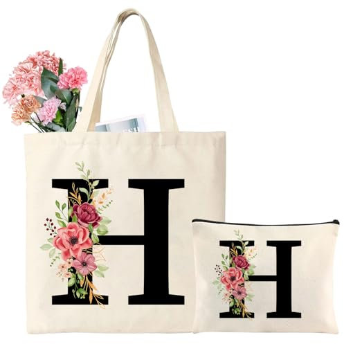 Tarklanda Initialen Einkaufstasche Baumwolltasche mit Buchstaben Canvas Tote Bag Initial Tragetasche und Kosmetiktasche Geschenk für Frauen Freundin Mama Kollegin zum Geburtstag, Muttertag (H)