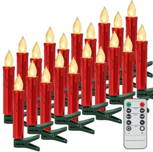 20er Weihnachtsbaum Kerzen LED mit Fernbedienung Timer, Weihnachtskerze Dimmbar Christbaumkerzen Kabellos Weihnachten Elektrische Kerzen Stabkerzen Kerzenlichter Flammenlose Weihnachtskerzen, Rot