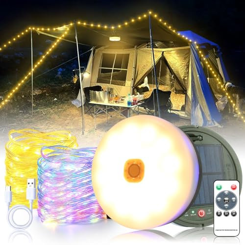 Camping Lichterkette Aufrollbar Solar, 10m 3600mAh Wasserdicht USB Wiederaufladbare, Lichterkette Außen, Warmweiß + RGB mit 8 Beleuchtungsmodi, IP65 Wasserdichte, Garten, Wandern