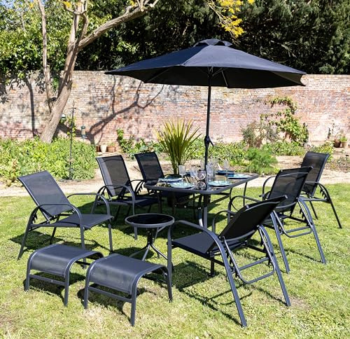 Hectare Polytex 8 Seater Metal Garden Furniture Dining Set with Reclining Chairs and Parasol in Black