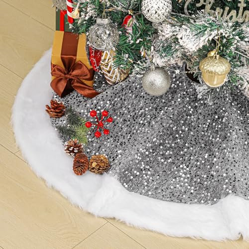 Lewondr Weihnachtsbaum Rock, 91CM Pailletten-Weihnachtsbaumkleid Großer Glitzer-Weihnachtsbaumrock, Vintage Weihnachtsbaum Dekoration für Wohnung Dekoration Party Geschäft, Grau & Weiß