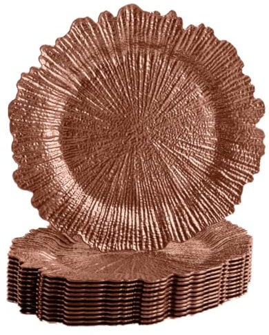 Koyal Wholesale 12 Pack Reef Charger Plates Bulk Plastic Plate Chargers With Floral Reef Design Round Ruffled Rim Dinner Charger Plates For Wedding Party Table Setting Decor (Terracotta)