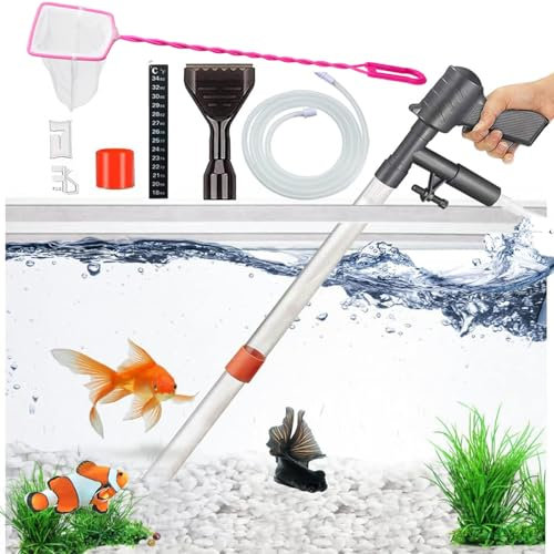 Aquarium Gravel Cleaner Siphon Fish Tank Vacuum Cleaner for Absorb Dirt Wash Sand Algae Scrapers Water Changer Gravel Washer Aquarium Thermometers Fish Net kit for Fish Tank Cleaning Gravel and Sand