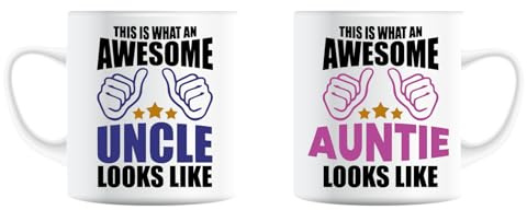 Awesome Auntie & Uncle Mug Set – New Baby Gift for Aunt and Uncle, Present for New Parents, Matching Ceramic Cups
