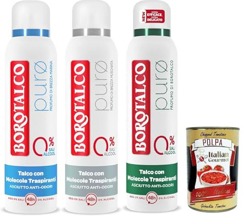 Borotalco, Deodorante Spray Puro Testpaket, mit Talk mit atmungsaktiven Molekülen, Formel ohne Alkohol und Aluminiumsalze, trockene, 48 Stunden Wirksamkeit 3x 150ml + Italian Gourmet polpa 400g