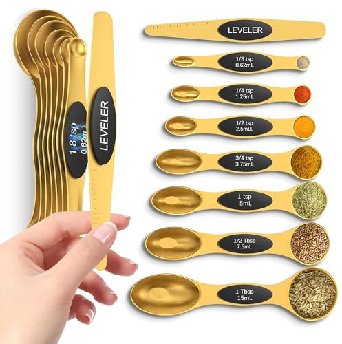 Magnetic Measuring Spoons Set with Strong N45 Magnets, Heavy Duty Stainless Steel Metal, Fits in Most Kitchen Spice Jars for Baking & Cooking, BPA Free, Multicolor, Set of 8 with Leveler(Gold)