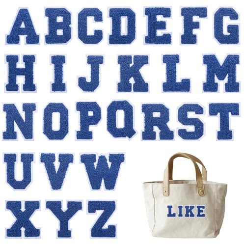 26 Stück A-Z Alphabet Aufnäher 7 cm Blau Chenille Buchstaben Flicken Buchstaben zum Aufbügeln von Chenille Buchstabenflicken Chenille Gestickte Alphabetaufnäher für Kleidung Hut Jacken
