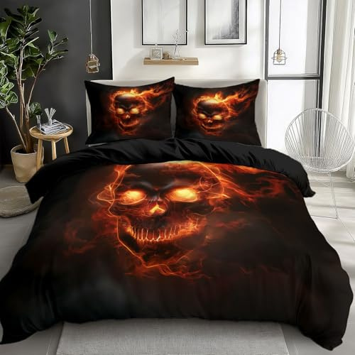 CozyRest Reversible Double Size Black Duvet Cover Sets - Premium Microfiber Bedding Sets - Ultrsoft Brushed Quilt Cover Sets Flame Skull 200 x 200 cm with Zipper Closure and 2 Pillowcases 50x75cm