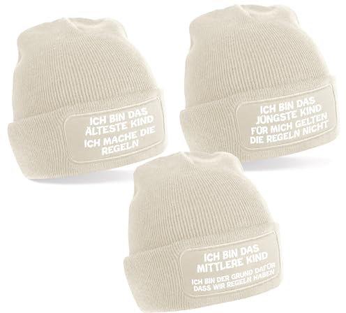Generisch 2er oder 3er Set One Size Beanie, Mütze mit Spruch: Das Jüngste, Das Mittlere, Das Älteste Kind - Regeln der Familie (DE/NL/SE/PL, Alphanumerisch, Einheitsgröße, 3er Set Mützen beige)