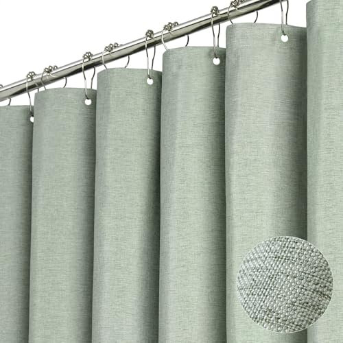 BTTN Green Linen Shower Curtain, Modern Mildew Resistant Textured Fabric, Waterproof Polyester for Wet Bathroom, Weighted Hem, Durable and Washable, Thick Shower Curtain Set with 12 Hooks, 182 x 182cm
