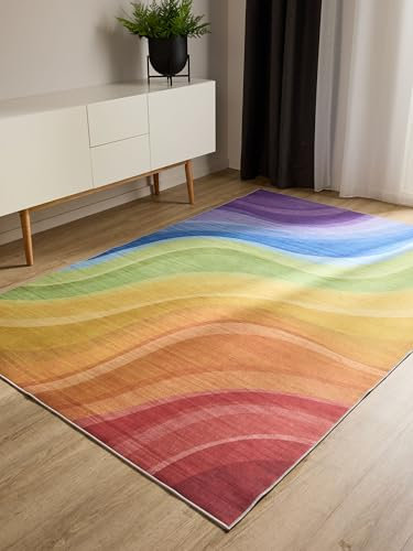 benuta Basic Waschbarer Teppich George - Multicolor/Lila 80x150 cm - Kunstfaser - Rechteckig & im Style: Abstrakt - Pflegeleicht für Wohnzimmer Schlafzimmer