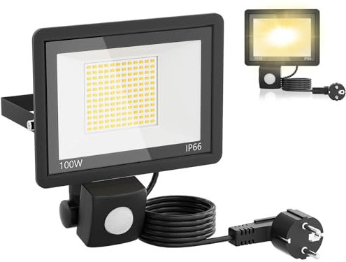 UISEBRT Led Strahler mit Bewegungsmelder Außen,100W 220V Außenlampe,Außenstrahler aus Aluminium-Druckguß,Gehärtetes Glas,Fluter Licht für Garten,Terrasse,Garage,Hof,IP66 (Mit Stecker, Warmweiß)