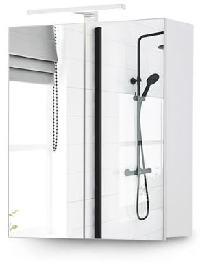 LEMROE Bathroom Mirror Cabinet with LED Lights, 2 Mirrored Door Wall Mounted Storage Cupboard, Under Sink Led Medicine Cabinet with Adjustable Glass Shelves (2 Doors-White Frame)