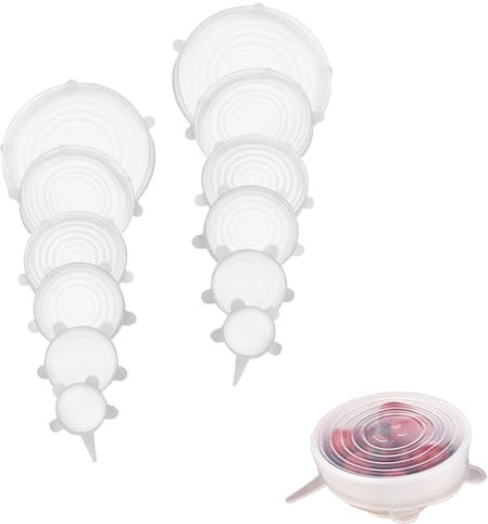 HUATEEN 12PCS White Silicone Stretch Lids - 6 Sizes Universal Food Covers for Bowls, Cans, Yogurt Pots & Bottles | Leakproof Microwave-Safe Lids with Vacuum Seal