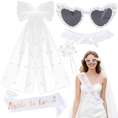 YeahBoom 5 Stück JGA Accessoires Frauen,Schleier JGA Weiße,Bride to Be Schärpe,Herz Sonnenbrille Perle,Braut Stirnband,Jga Frauen für Junggesellenabschied,Bachelorette Party und Hochzeitsfotografie