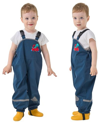 Domueay Pantaloni Impermeabili Bambini, Unisex Leggero Salopette Antipioggia Pantalone da Pioggia Non Imbottiti, Blu Navy Dinosauro Ragazze Ragazzi Impermeabile Abbigliamento, per 4 Anni