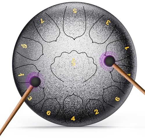 Zungentrommel 12 Zoll 13 Töne C-Key Handpan Drum, Professionelles Steel Tongue Drum Handpan Set, Regentrommel outdoor, Meditation & Yoga, inkl. Tragetasche, Notenbuch & Schlägeln (Silber, 12 Zoll)