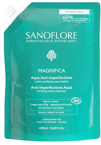 Sanoflore Recharge Aqua Magnifica, Lotion Tonique Bio Purifiante, 400 ml, Pour Peaux Sensibles, Mixtes et Grasses