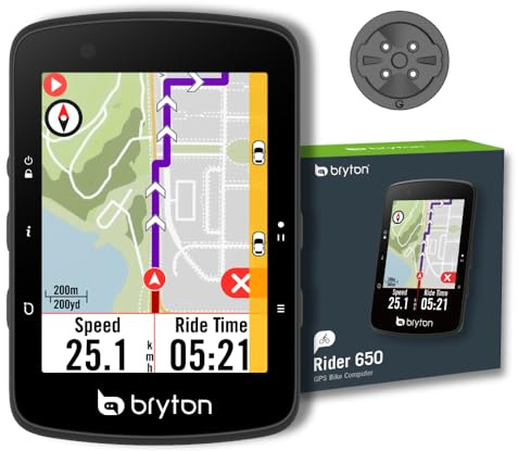 Bryton Rider 650 GPS-Fahrradcomputer Sensor-Bundle, 2,8 Farb-Touchscreen, bis zu 33 Stunden Akkulaufzeit, vorinstallierte Europakarten, Abbiegen-Navigation, automatische Helligkeitsanpassung,ANT+/BLE