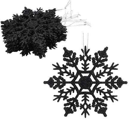 SULOLI 12 Stück glitzernde Schneeflocken, 10 cm, Dekorationen zum Aufhängen für Weihnachtsbaum (schwarz)