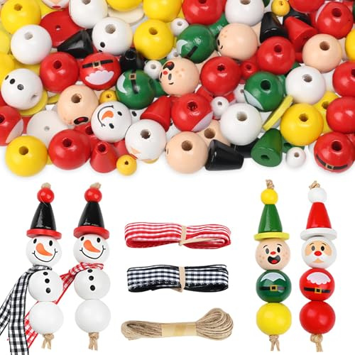 Vookkp 180 Stück Weihnachten Holzkugeln mit Loch Natur Holzkugeln 20mm Weihnachtsperlen mit Hanfseil Holzperlen mit Gesicht Schneemann für Weihnachtsbasteln Deko Weihnachten