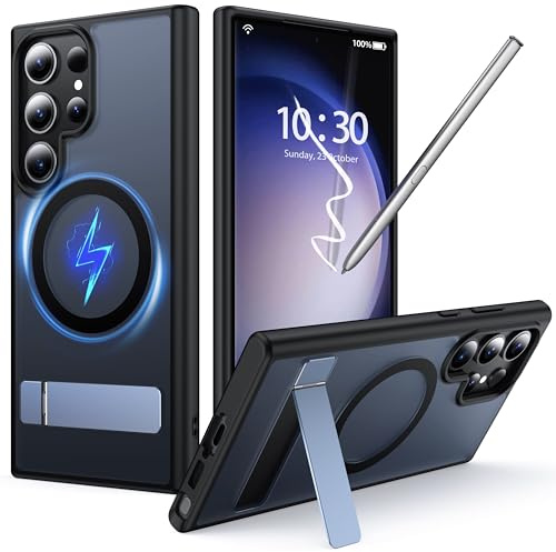 FNDMIL für Samsung Galaxy S23 Ultra Hülle mit MagSafe | [Klapp Ständer] [Laden Beim Stehen] [Militär Stoßfest] Durchscheinend Matt Silikon für Galaxy S23 Ultra Case Slim, Schwarz