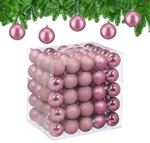 Relaxdays Bolas Árbol Navidad, Set de 100, Plástico, Brillantes y Mates, 6 cm Ø, Adornos Navideños Redondos, Rosa