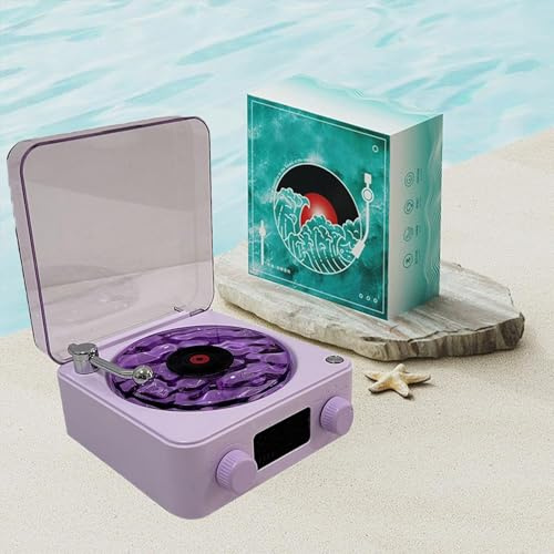 Waves Vinyl Speaker, Waves Vintage Vinyl Bluetooth Speaker with Adjustable Ambient Lights, Wireless Vinyl Player with Time for Bedroom, Office, Party (Purple)