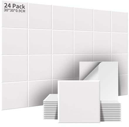 AsmeSonic 24 Pièces 2,16㎡ Panneaux Acoustiques Autocollants Blanc | Panneaux Acoustiques Absorbants Haute Densité Traitement Acoustique et Décoration Murale pour Studio d'Enregistrement 30x30cm