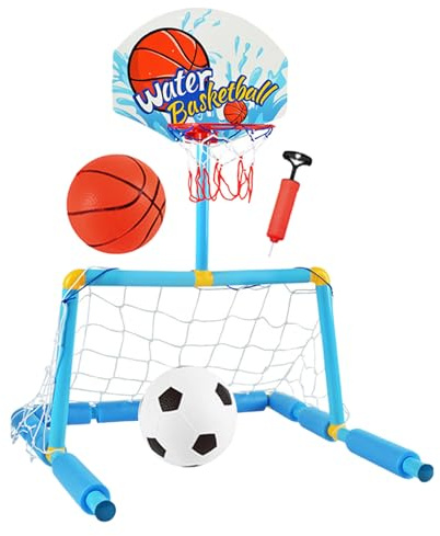 Sollee Panier de Basket pour Piscine,But de Football Jeu d'eau 2 en 1 - Panier De Basket De Jeu Aquatique avec 2 Balles Et Pompe pour Dès 4 Ans, Adultes, en Extérieur, en Famille, Voyage,