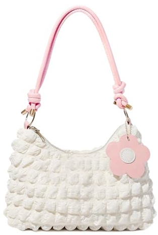 FOSDICK Handbags & Shoulder Bags Women, Casual and Fashionable Hand Bag, Lightweight Womens Shoulder Bag Creases Design, Ladies Handbag with Adjustable Shoulder Strap, Gifts for Women Girls, White