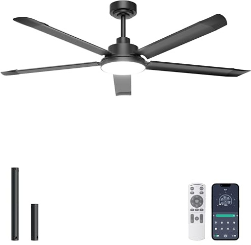 Ohniyou Ventilatore da soffitto da 152 cm con luce, ventilatori da soffitto industriali con telecomando/app, 5 pale in alluminio, motore DC silenzioso, ventilatore per terrazza esterna, garage, nero