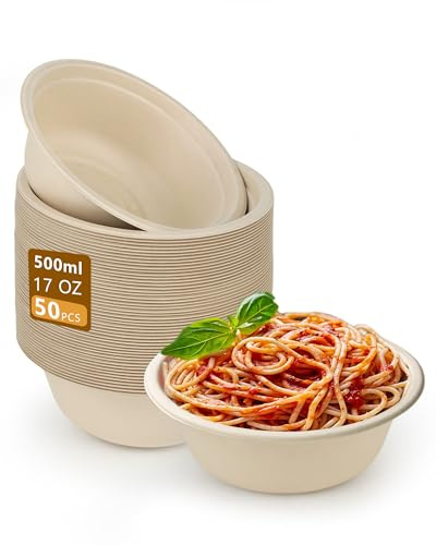 SZEBISOA 50 bol jetable 500 ml – Vaisselle jetable biodégradable et compostable, bols jetables idéaux pour pique-nique, assiettes creuses écologiques pour plats chauds et froids