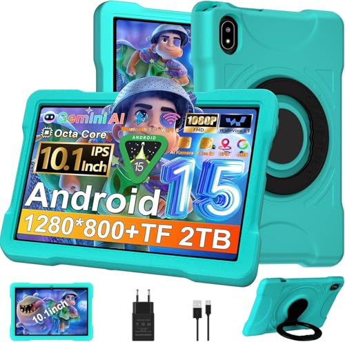 Tablette 10 Pouces Android 15 avec 30Go RAM+TF 2To,Octa-Core 2.0 GHz/GMS, Gemini AI/Widevine L1,WiFi 6/Bluetooth 5.0,5MP+8MP,1280*800,Tablette Tactile avec EVA Cas antichute+360° Rotatif Support-Vert