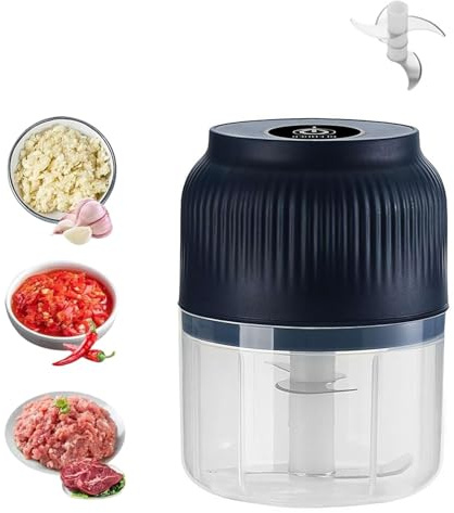Mini Electric Food Chopper - Portable USB Rechargeable Garlic Chopper & Vegetable Dicer 350ml Capacity, 4 Stainless Steel Blades - for Nuts, Herbs, Meat, Baby Food - Quiet & Easy to Clean (Blue)