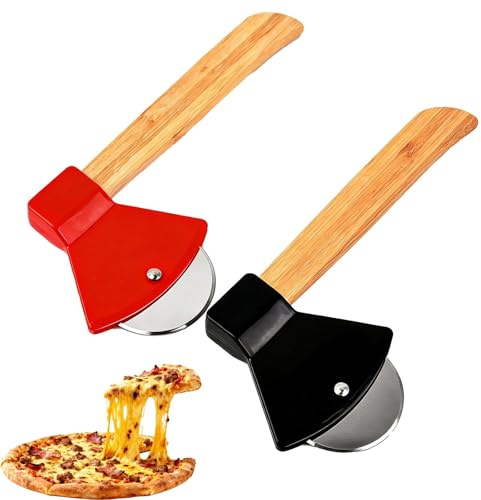 Cortador de pizza de acero inoxidable de con mango de madera Divertido diseño de hacha Ruedas de pizza afiladas e inoxidables Apto para lavavajillas Perfecto para pizzas,waffles,crêpes