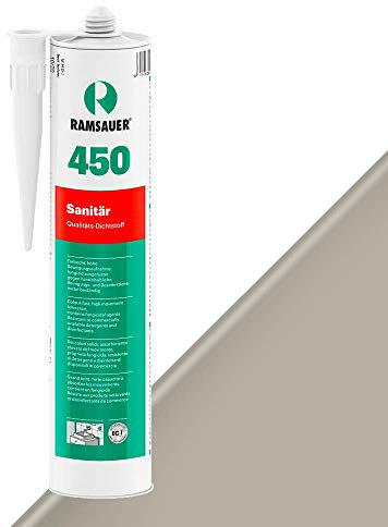 RAMSAUER 450 Sanitär 1K Silikon (Steingrau) - 310ml Kartusche, ideal für Feuchträume & Nassbereiche, Lebensmittelbereich, leicht verarbeitbar, schnelle Tiefhärtung, optimale Glättbarkeit