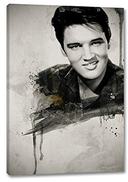 Caro-Art Elvis Presley Aquarell Art 90x60cm Portrait Digital Art Schwarz Grau Braun Leinwandbild auf Keilrahmen Wandbilder