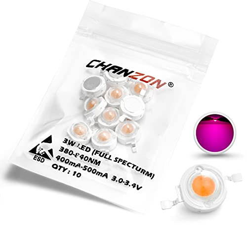 Chanzon 10pcs High Power Led Chip 3W Full Spectrum Plant Grow Light (380nm - 840nm / 400mA - 500mA / DC 3V - 3.2V / 3 Watt) SMD COB Emitter Diode Components 3 W for DIY Hydroponic Flowers Growing Lamp