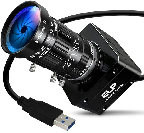 ELP USB 3.0 4K 60fps Hochgeschwindigkeits-Industriekamera,CS-Mount 10x manuelles 5-50mm Variozoom-Objektiv,3840×2160 Auflösung,Plug & Play,kompatibel mit Windows,Linux,Android,PC und Jetson Nano