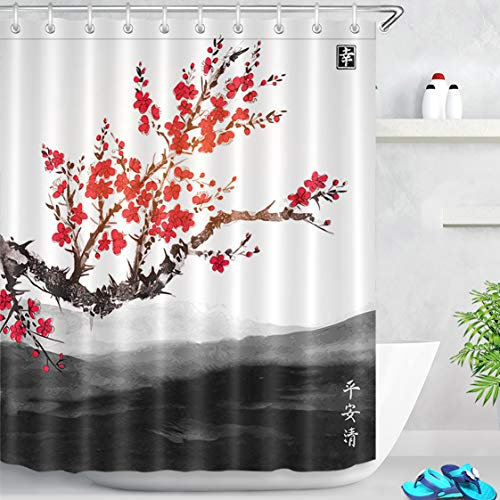 LB Orientalische Kirschblüte-Kirschbaum-Landschaft Weite Berge Polyester-Gewebe-Wasser-beständiges Badezimmer-Dekor-Duschvorhang-Set mit 12 Haken,150x180cm