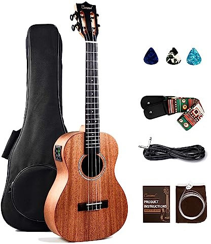 Caramel CB402 All Solid Mahogany Baritone Acoustic Electric Ukulele with Truss Rod with D-G-B-E Strings & free G-C-E-A strings, Padded Gig Bag, Strap and EQ cable