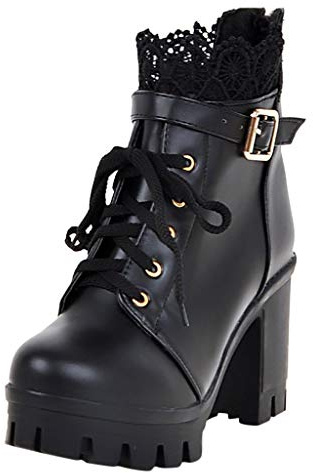Susenstone Bottines Femme Talons Epais Pas Cher Bottes A Talon à Lacets Dentelle Hiver Chaud Chaussures Talon Sexy Bottines Femme Cuir Mode Ankle Boots (43 EU, Noir)