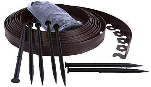 Flexible Rasenkante aus Kunststoff, Kunstraseneinfassung, Mähkante, Beeteinfassung, Beetumrandung, Braun + Befestigungsnägel - 4cm Hoch (50m, Braun)