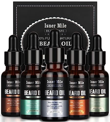 ISNER MILE Beard Oil 5 Pack Set, Natural, Cedarwood, Sandalwood, Sage, Sweet Orange for Men Beard Care, Moisturize, Soften, Strengthen, Christmas Gifts for Men Him Dad Father Boyfriend